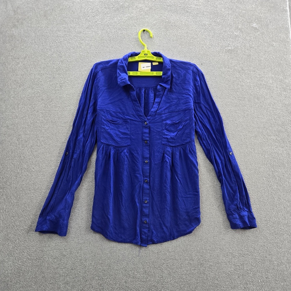 Maeve Women Blouse LARGE Blue Button V-Neck Front Long Sleeve